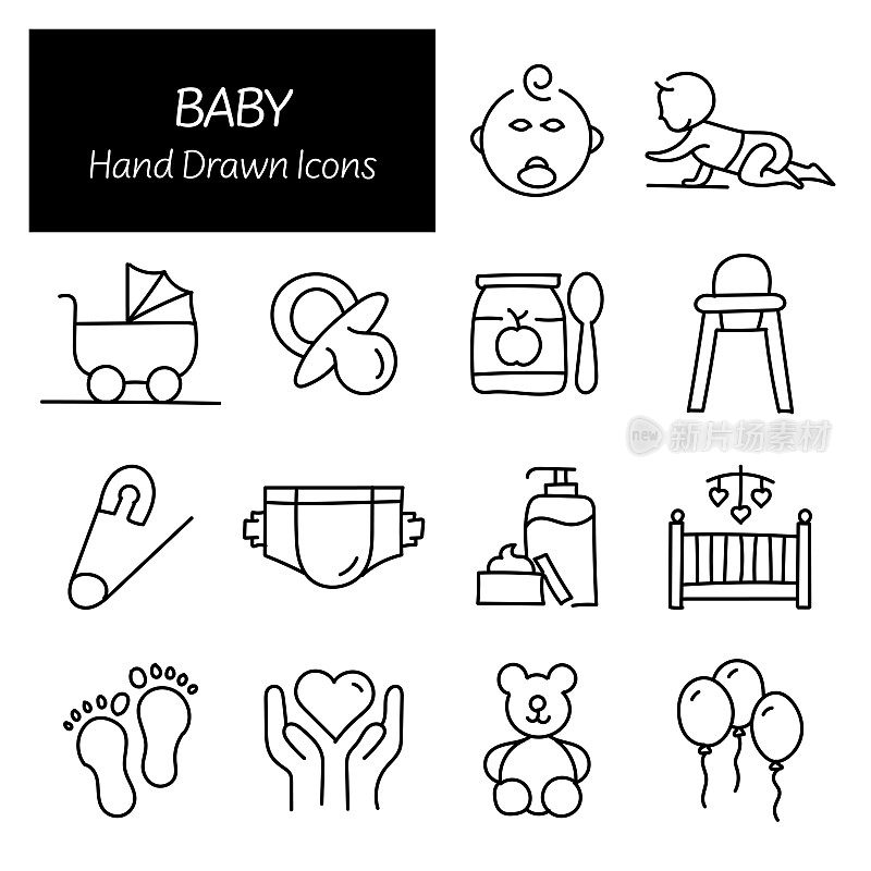 婴儿相关手绘图标，涂鸦元素矢量插图