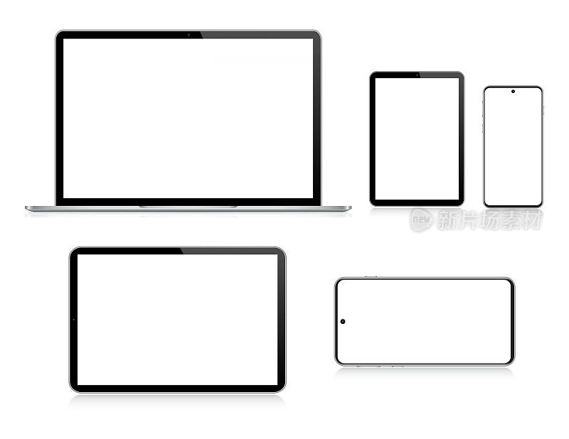 笔记本电脑，平板电脑，智能手机，手机在黑色和银色反射，现实的矢量插图