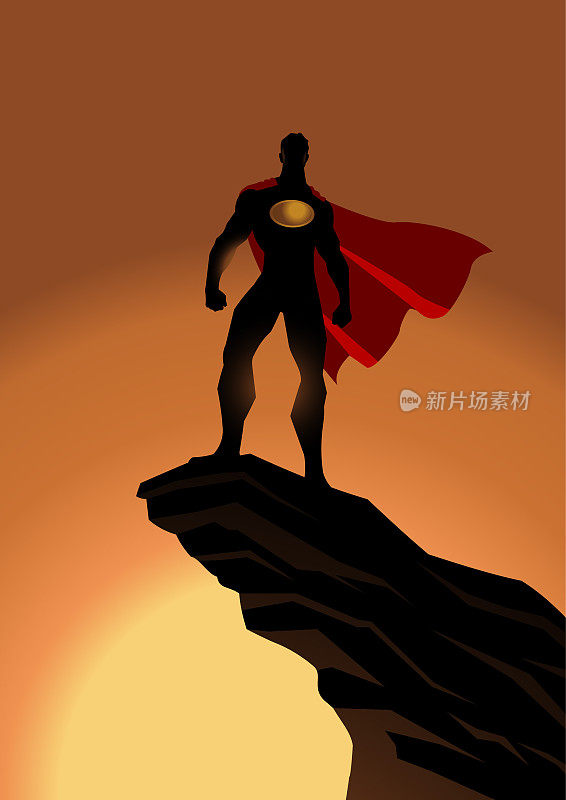 向量超级英雄剪影站在岩石上的插图