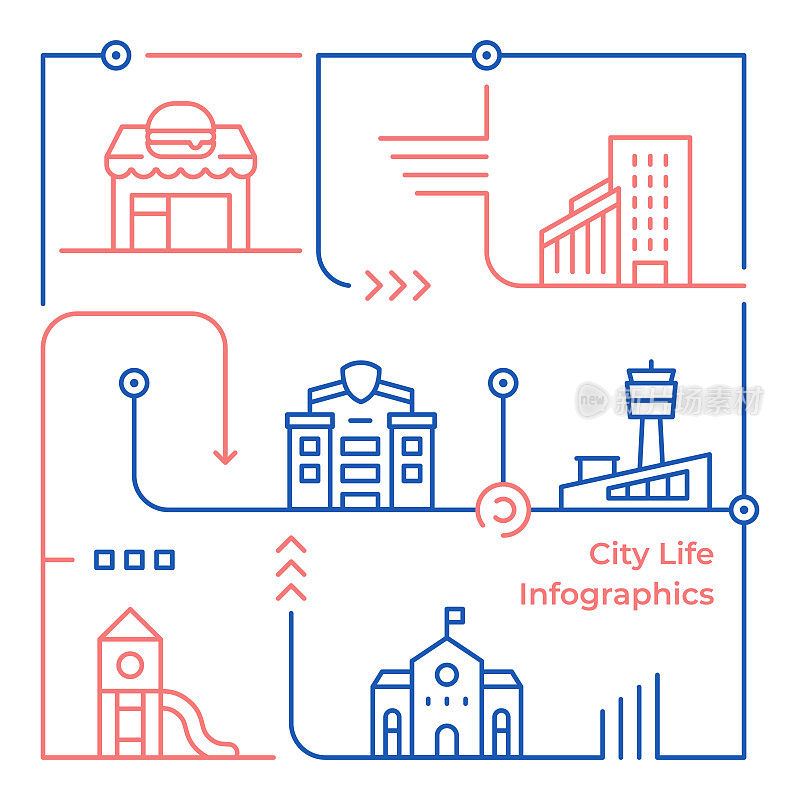 城市生活矢量线插图信息图形设计模板