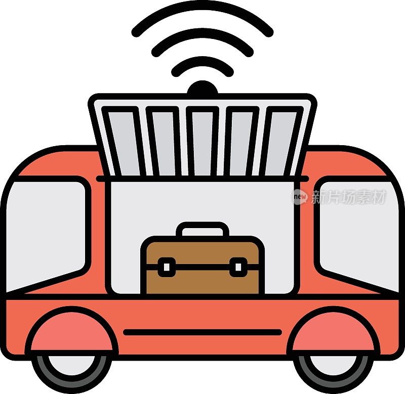 杂货配送货物概念，自动驾驶卡车矢量颜色图标设计，未来交通符号，无人驾驶绿色交通创新标志，自动空中交通工具库存插图
