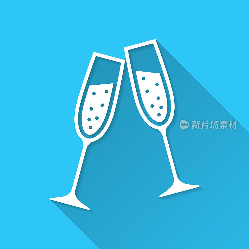 两杯香槟。图标在蓝色背景-平面设计与长阴影