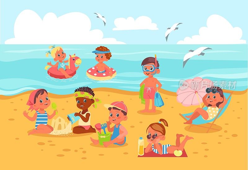 沙滩上的孩子们。和男孩和女孩一起在夏天的海边。婴儿在水中晒日光浴和游泳。穿着泳衣的卡通人物。快乐的孩子们玩沙子。向量的概念