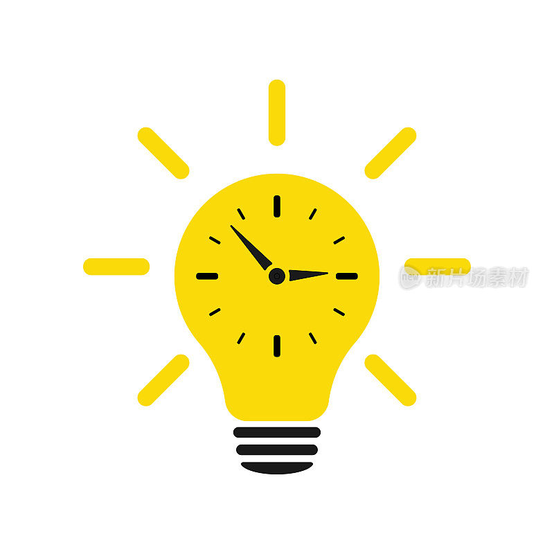 灯泡里的时钟。时间的概念。插图