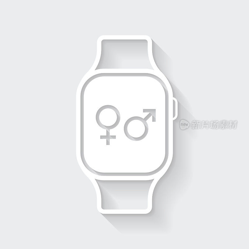 带有性别符号的智能手表。图标与空白背景上的长阴影-平面设计