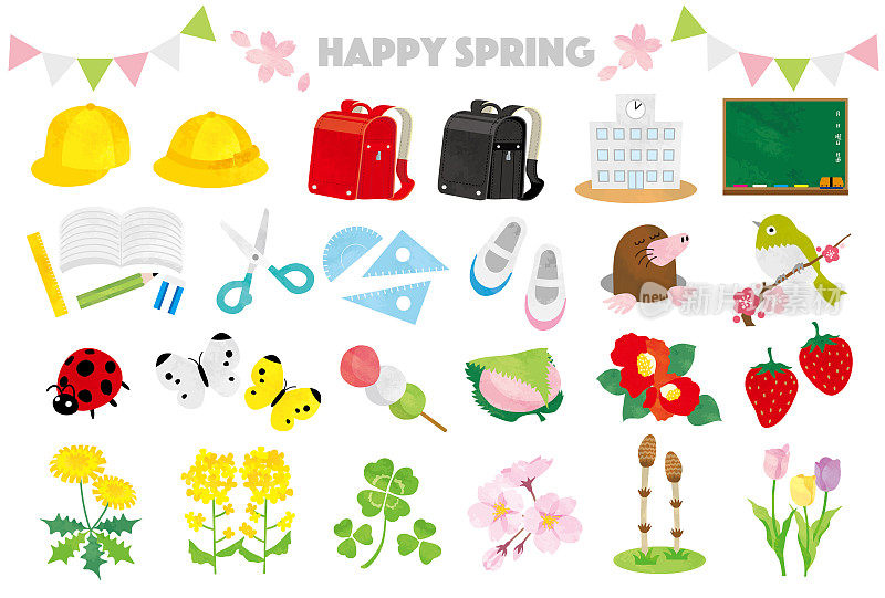水彩风格插图设置与春天的形象在日本