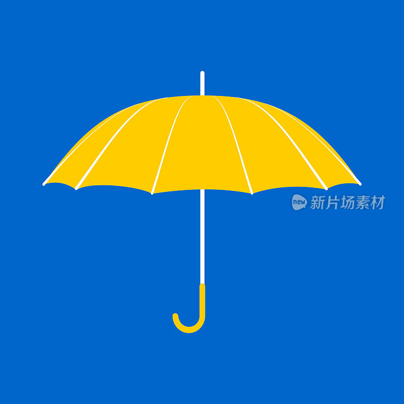 蓝色背景的黄色长柄伞。用于雨雪季节恶劣潮湿天气的配件。雨伞剪影图标的应用程序，网站。向量。