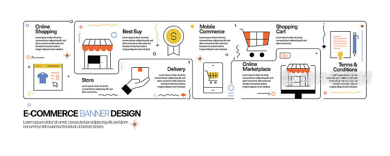 电子商务概念，线风格矢量插图