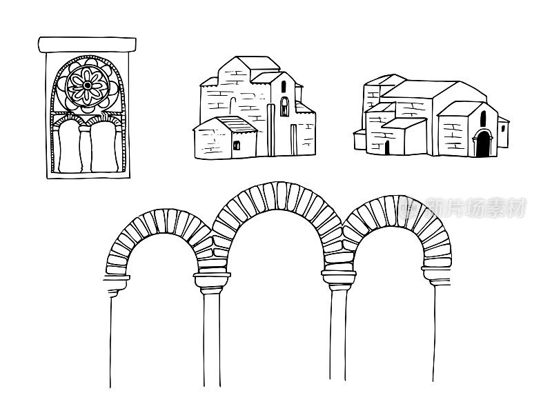 阿斯图里亚斯罗马建筑的教堂和元素集。前罗马时期的浪漫艺术。黑白素描风格插图。