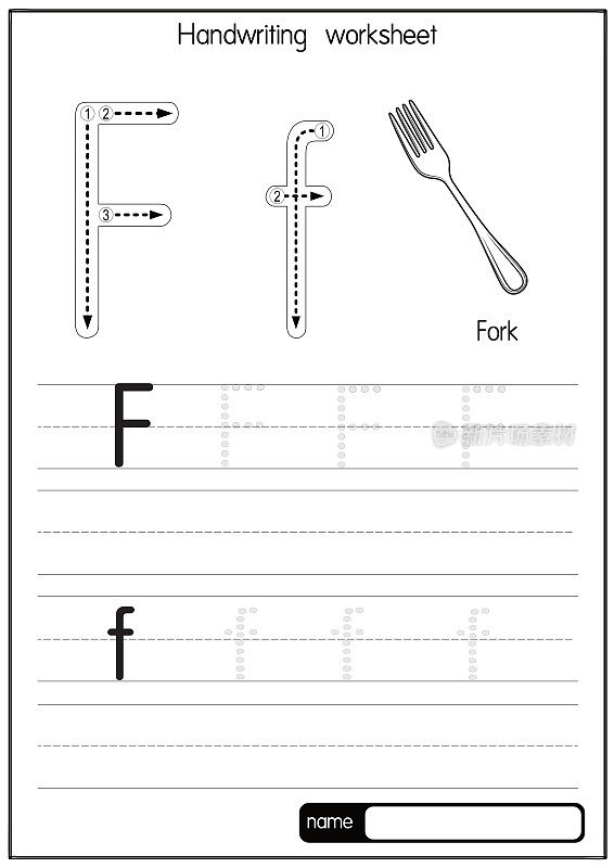 黑白矢量插图叉子与字母F大写字母或大写字母的儿童学习练习ABC