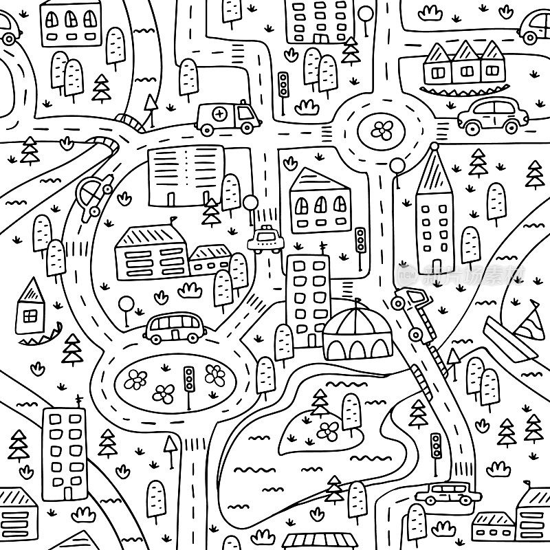可爱的小镇地图，有道路，汽车，房子和一条河。时尚的手绘矢量黑白插图的托儿所。无缝模式。