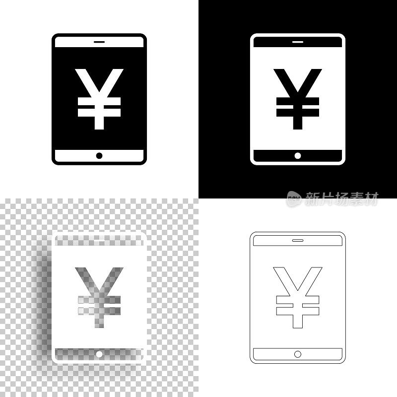 平板电脑与Yen符号。图标设计。空白，白色和黑色背景-线图标