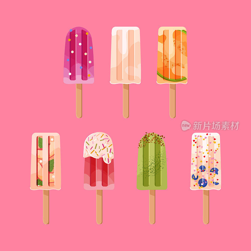冰淇淋水果，冷冻果汁木棒，水果冰棒矢量集。五彩缤纷的寒冷夏天甜点孤立在粉红色的背景。糖果平面插图