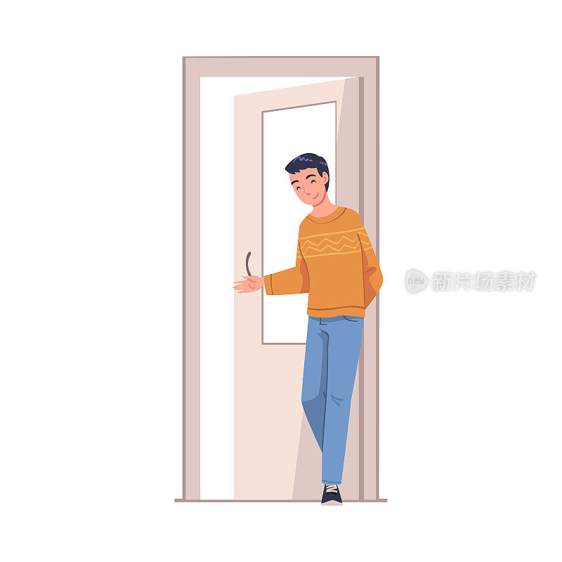 男人字符站在打开的门靠在门柱进入或离开家矢量插图