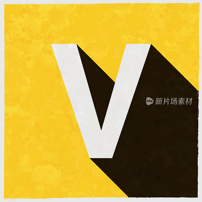 字母v图标与长阴影的纹理黄色背景