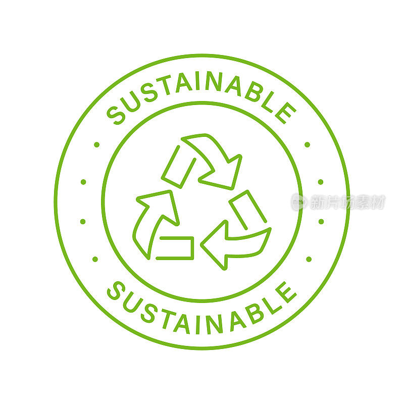 可持续线绿色邮票。可持续性自然轮廓贴纸。生态循环标签。箭头可持续的象征。可生物降解食品密封。“零浪费”的迹象。孤立的矢量图