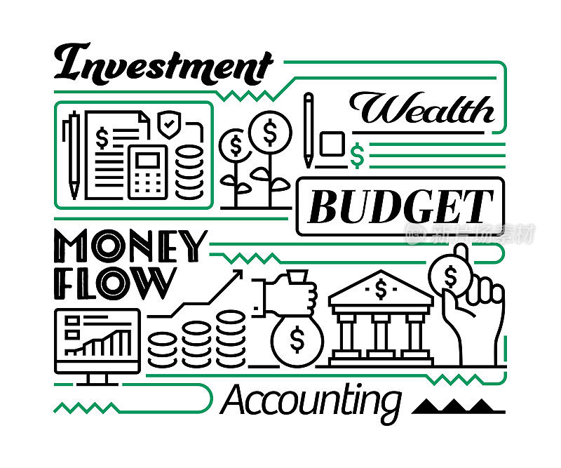商业经济学对象和要素。线条图标插图集合。图标设置或标题模板。