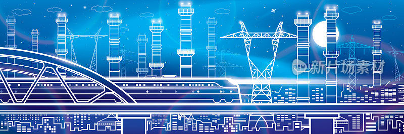 火车在桥上行驶。氖辉光插图。发电厂、能源工业概览插画全景、城市夜景。管道和电线。工厂基础设施。矢量设计艺术