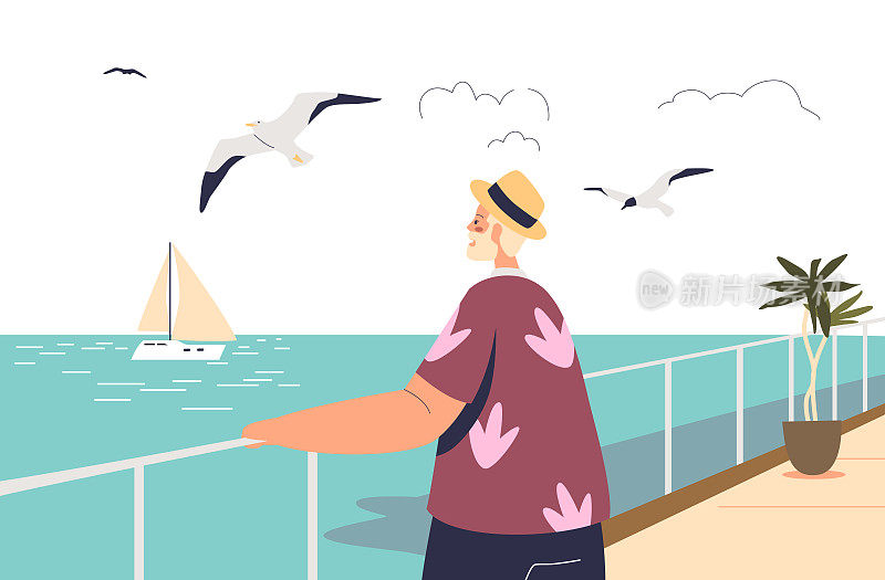 老人在海堤上望着碧蓝的海水。男游客在码头欣赏海滨美景