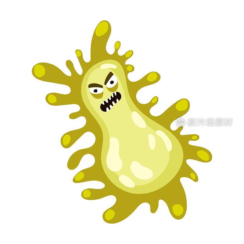 有趣的细菌和病原体。矢量插图丑陋的微型生物与可怕的脸，眼睛和牙齿