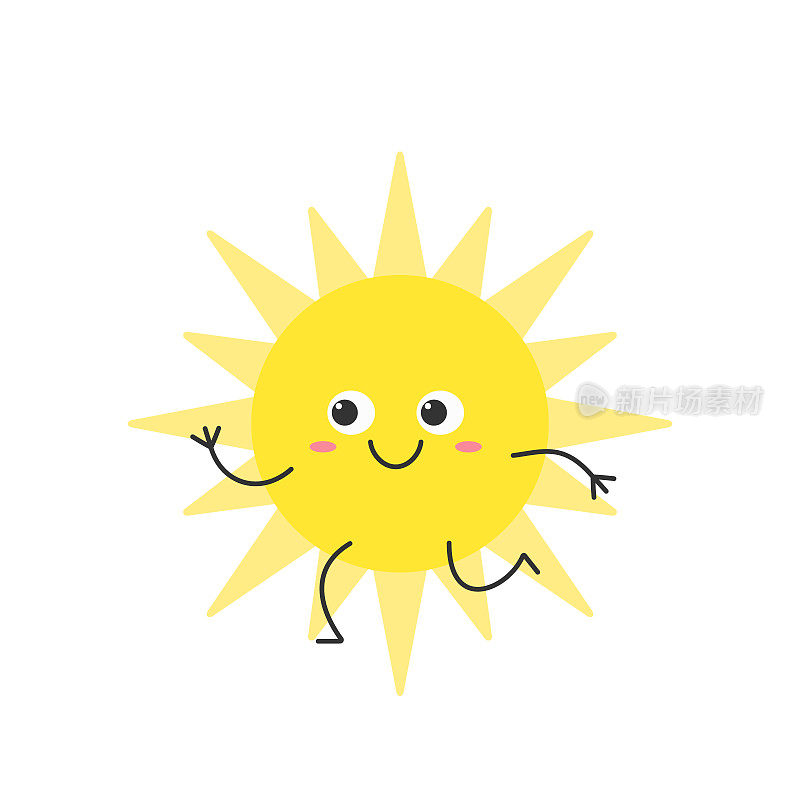 太阳可爱的人物卡通跑微笑的脸符号夏天温暖炎热的天气阳光欢快卡哇伊快乐快乐的情绪图标矢量插图。