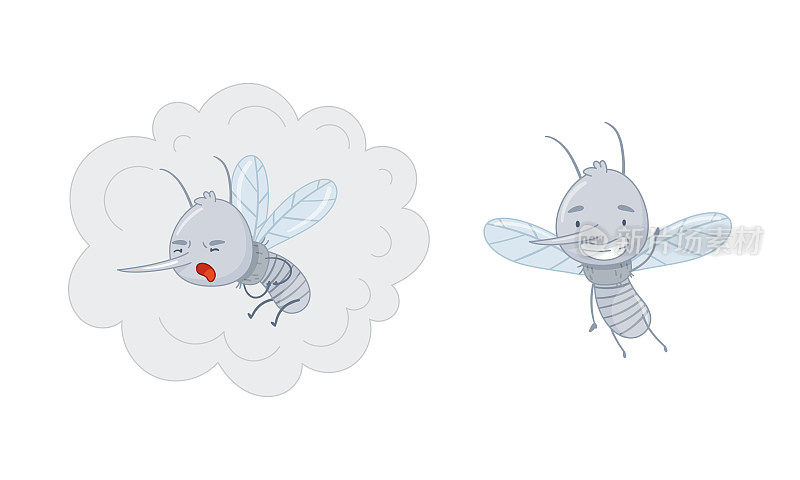 可爱的蚊子。有趣的寄生昆虫角色在驱蚊云卡通矢量插图