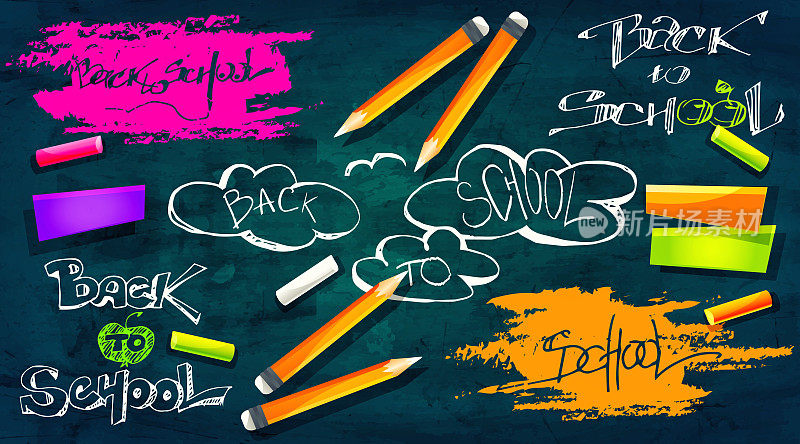 卡通风格的学校教育理念。回学校!用彩色蜡笔、铅笔和贴纸在黑板上书写创意字体。时尚的在线订单模板，网页，应用程序设计。