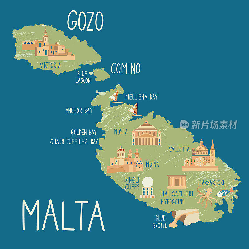 手绘的马耳他、戈佐和科米诺图解地图。马耳他之旅的概念。illustartion五颜六色的向量。地图上的国家标志。