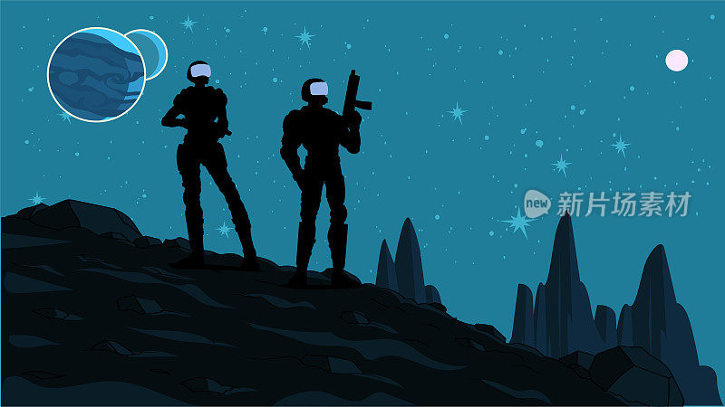 矢量科幻太空士兵剪影在遥远的星球股票插图