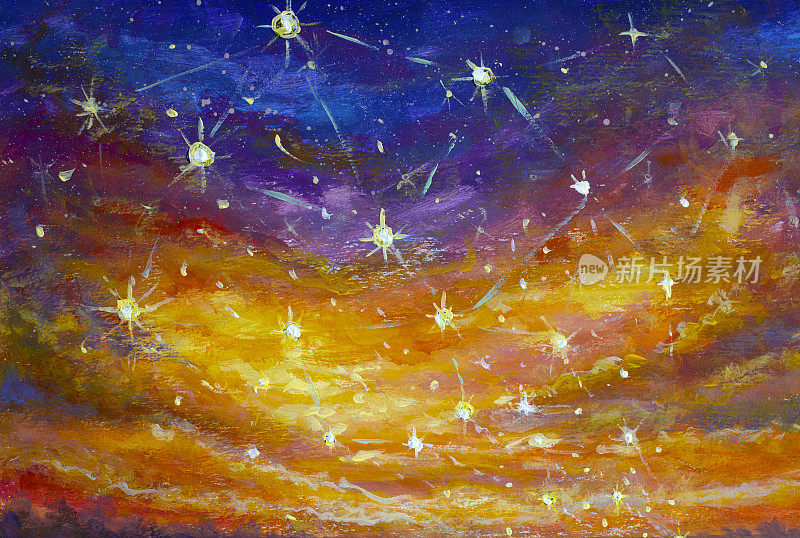 夕阳下的天空与闪烁的星星油画印象派儿童书籍插图艺术