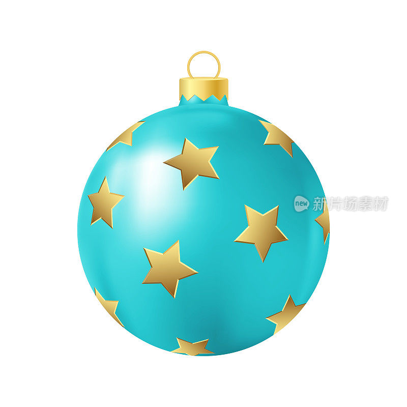 绿松石圣诞树玩具与金色星星逼真的色彩插画