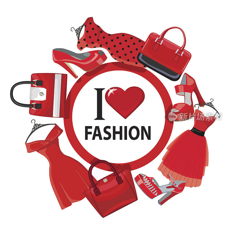 红色时尚女装，手袋，高跟鞋。eps
