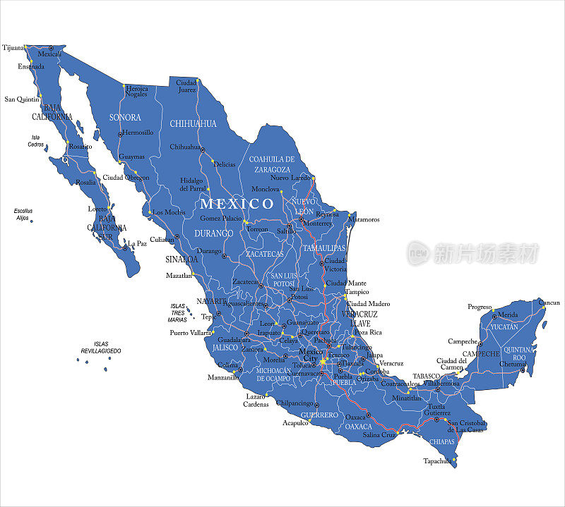 蓝色的墨西哥详细地图