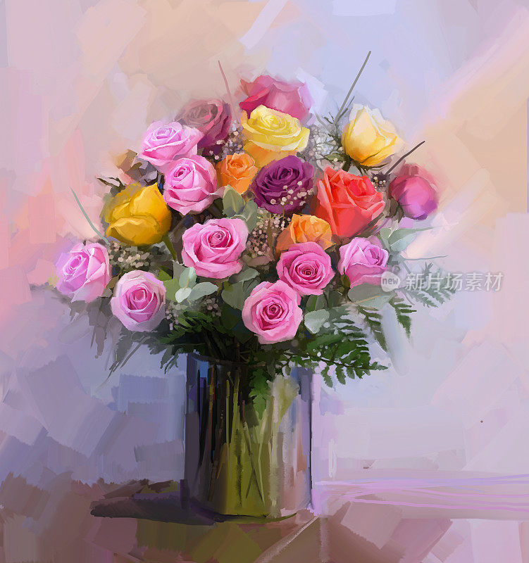 在玻璃花瓶里画着粉红、黄色和橙色的玫瑰