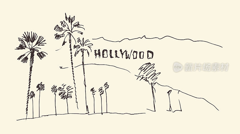山丘和树木雕刻矢量插图，手绘，素描，好莱坞