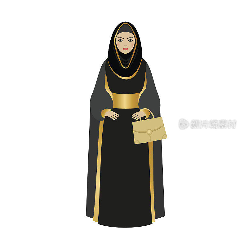 穆斯林女孩与传统的头巾。阿拉伯时尚穆斯林女孩拿着金色的包