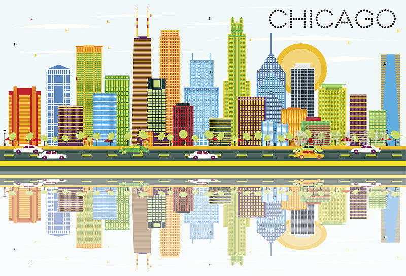 芝加哥天际线与彩色建筑和反射。