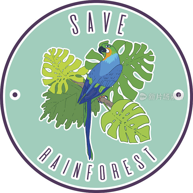 拯救雨林海报模拟设计。向量金刚鹦鹉插图