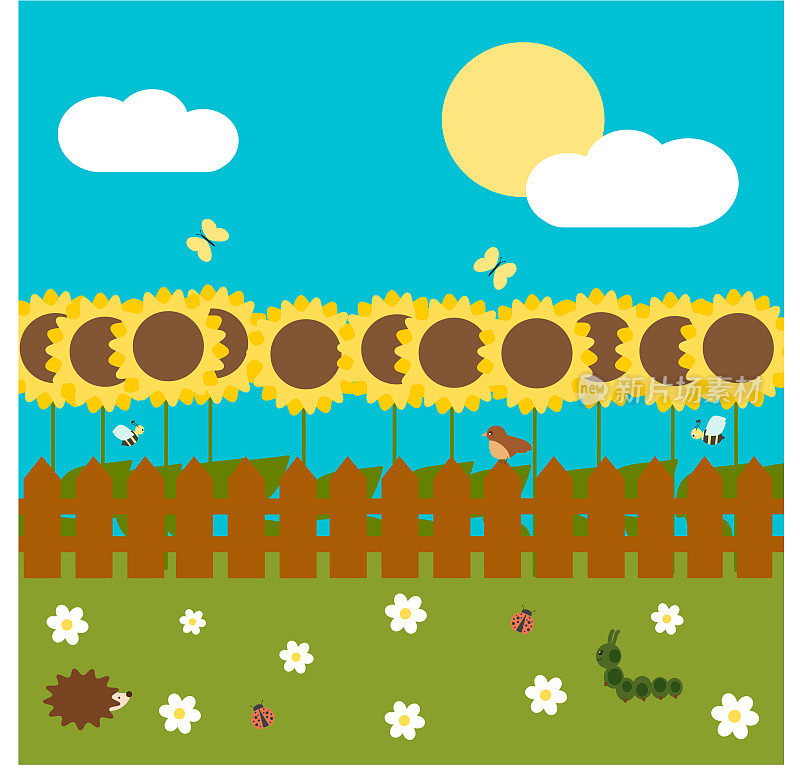 彩色卡通向日葵花园与篱笆在一个阳光明媚的日子向量春天插图