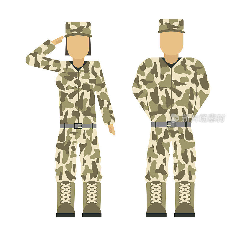 军事人物武器符号装甲男子剪影部队设计和美国女战士弹药海军伪装符号矢量插图