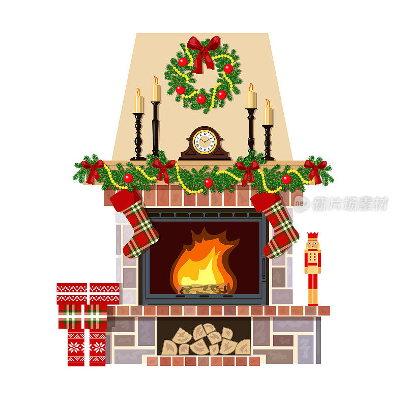 圣诞节的壁炉。圣诞节decoreated房间
