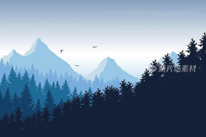 矢量图的山景观与森林下的蓝天白云和飞翔的鸟，与文字的空间