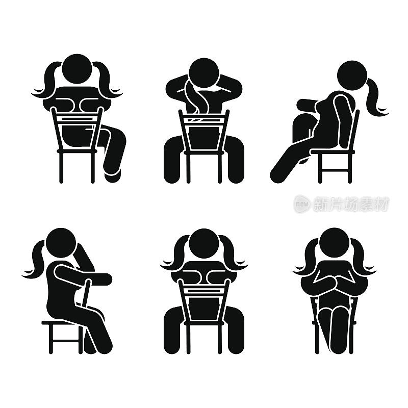女人的坐姿各不相同。态势图。向量坐的人图标符号符号符号象形图上的白色