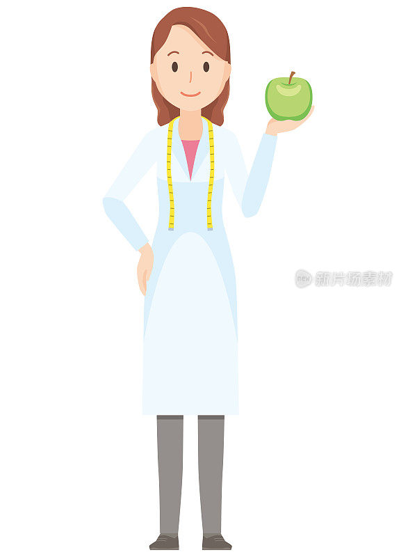 说明一位女性营养学家有一个苹果般完整的身体
