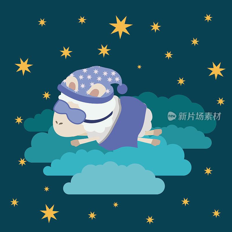 彩色海报场景夜景的睡眠景观时间与羊在云与睡眠面具