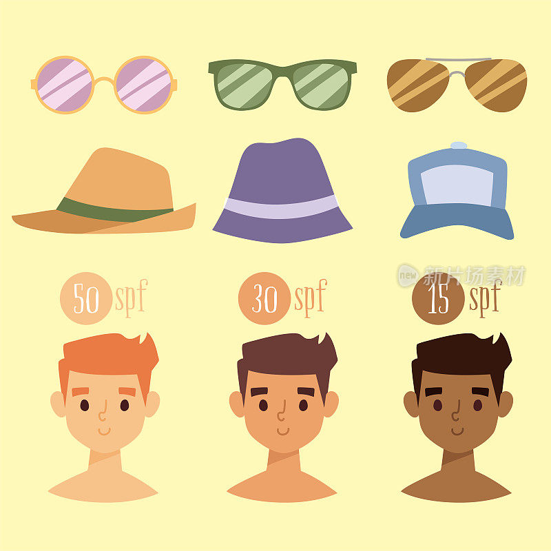 海滩配饰夏季帽子系列矢量时尚海滩旅行美丽的热带生活方式的人插图