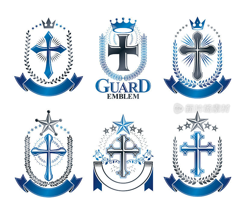 基督教十字架的象征性设置。纹章向量设计元素集合。复古风格标签，纹章图标。