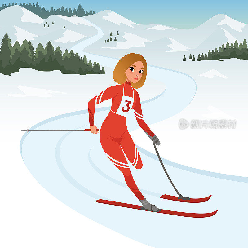 女子运动员参加滑雪比赛。身体残疾的卡通女运动员。冬季残奥会。背景是雪山。平面向量的设计