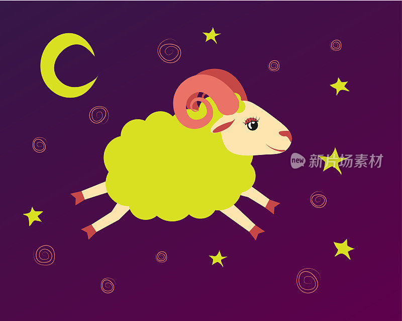 小羊在繁星之间的星空上飞翔。插图咩咩小羊象征着摇篮曲和就寝时间