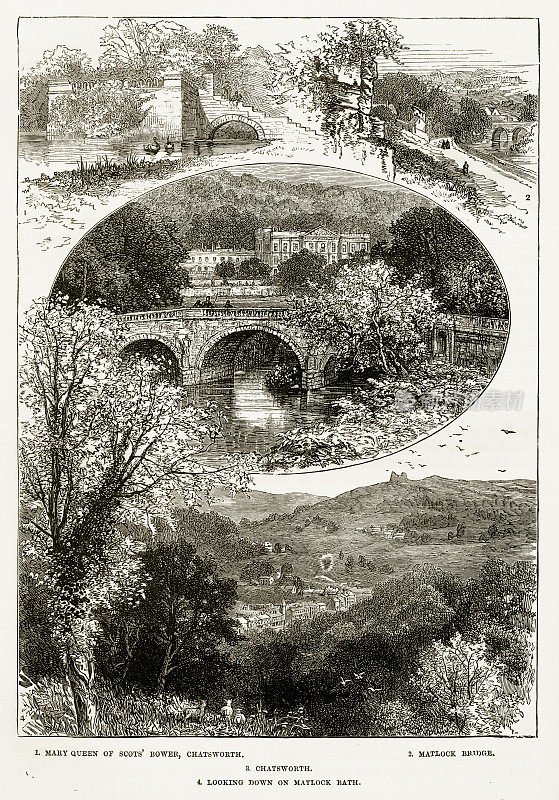 英国德比郡的查兹沃斯庄园，维多利亚时代版画，1840年